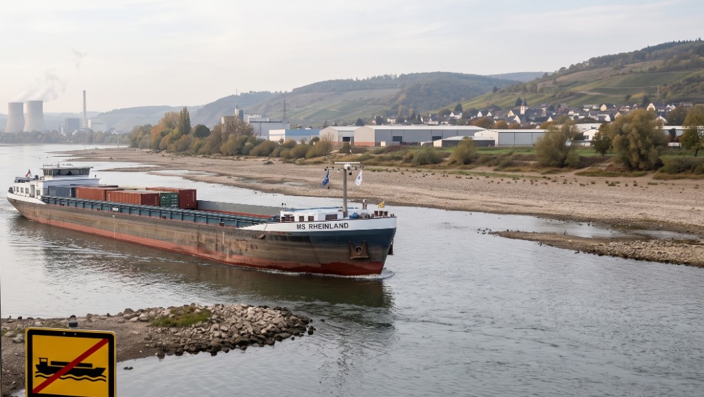Gütermotorschiff MS Rheinland auf dem Rhein bei extrem niedrigem Wasserstand — freiliegende Flussufer und Industielandschaft im Hintergrund, Symbolbild für Ersatztransporte per Lkw wegen Niedrigwasser