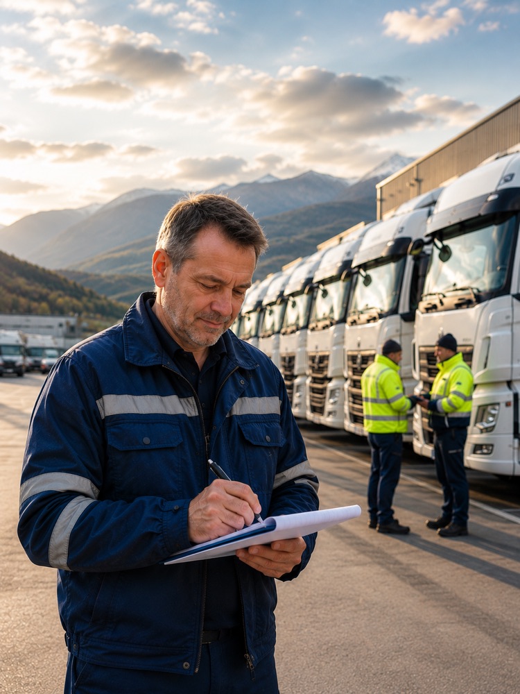 Ein Logistikmitarbeiter prüft vor Ort eine Frachtführerflotte anhand einer Checkliste